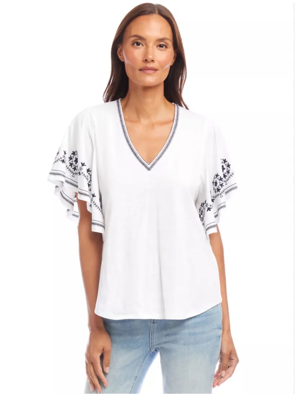 Karen Kane White V-Neck Flutter Sleeve Top with Navy Embroidery